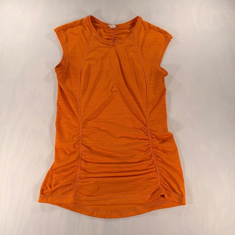 Athleta Active Top Women XS Orange Space Dye Ruched Quarter Zip Cap Sleeve